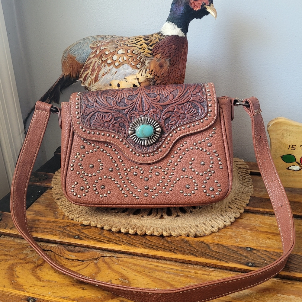Trinity Ranch Floral Tooled Concealed Carry Crossbody Bag Brown